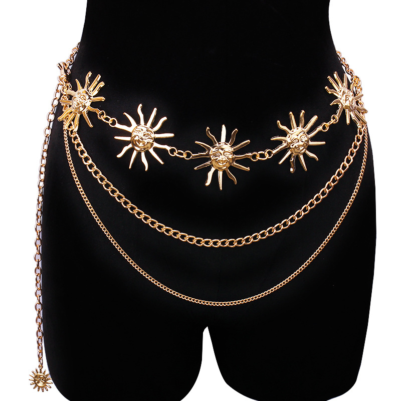 Body Jewelry Chain - Klobige mehrschichtige Punk-Gothic-Mond-Sonnen-Taillenkette, Metall-Taillengürtel für Frauen,